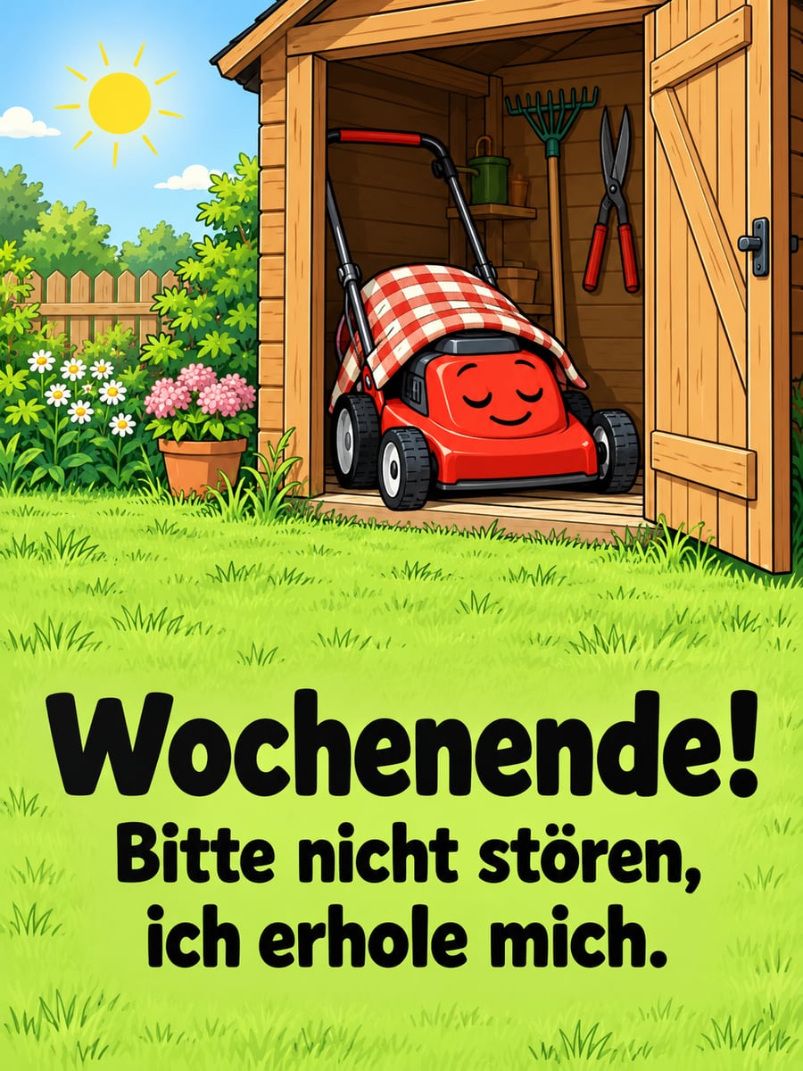 Guten-Morgen-Bild zum Sonntag mit dem Text „Wochenende!“ und „Bitte nicht stören, ich erhole mich.“ – Motiv: Rasenmäher, Gartenhaus, Sonntagsruhe, Decke