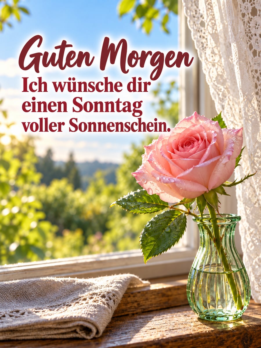 Guten-Morgen-Bild zum Sonntag mit dem Text „Guten Morgen“ und „Ich wünsche dir einen Sonntag voller Sonnenschein.“ – Motiv: Rose, Glasvase, Fensterbank, Morgensonne