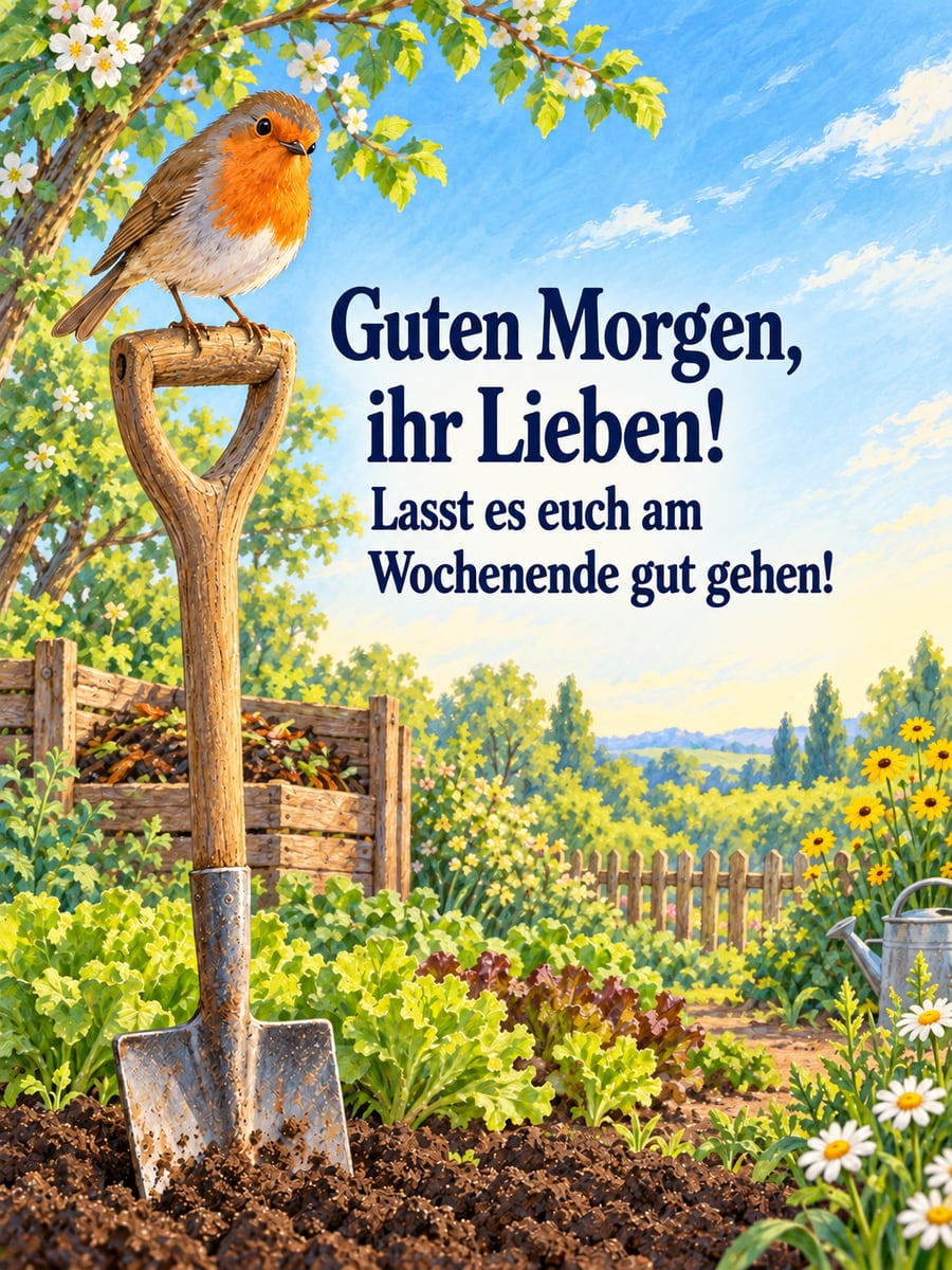 Guten-Morgen-Bild zum Sonntag mit dem Text „Guten Morgen, ihr Lieben!“ und „Lasst es euch am Wochenende gut gehen!“ – Motiv: Rotkehlchen, Spaten, Gemüsegarten, Garten