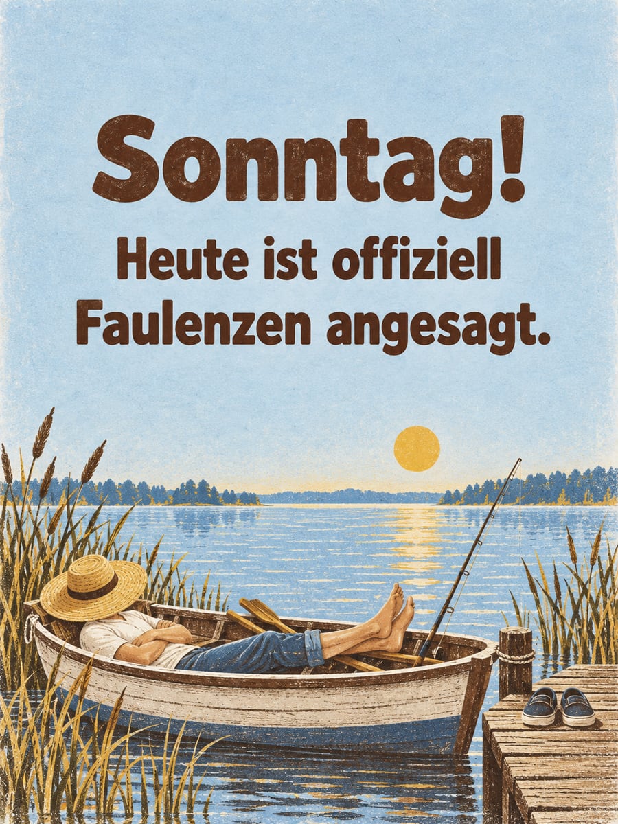 Guten-Morgen-Bild zum Sonntag mit dem Text „Sonntag!“ und „Heute ist offiziell Faulenzen angesagt.“ – Motiv: Ruderboot, See, Schilf, Faulenzen