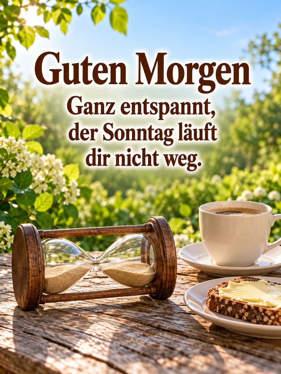 Guten-Morgen-Bild zum Sonntag mit dem Text „Guten Morgen“ und „Ganz entspannt, der Sonntag läuft dir nicht weg.“ – Motiv: Sanduhr, Gartentisch, Kaffee, Entspannung
