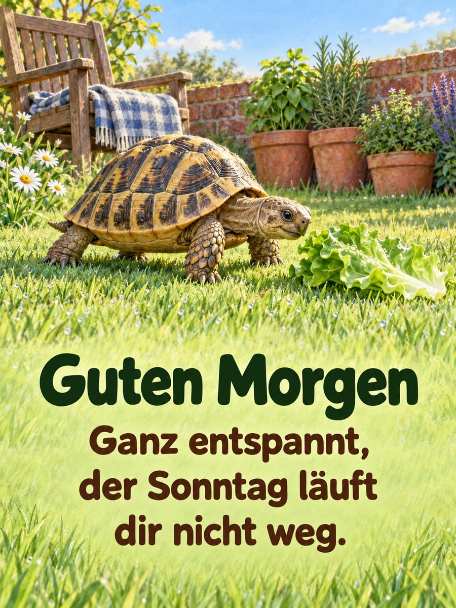 Guten-Morgen-Bild zum Sonntag mit dem Text „Guten Morgen“ und „Ganz entspannt, der Sonntag läuft dir nicht weg.“ – Motiv: Schildkröte, Salatblatt, Garten, Morgentau