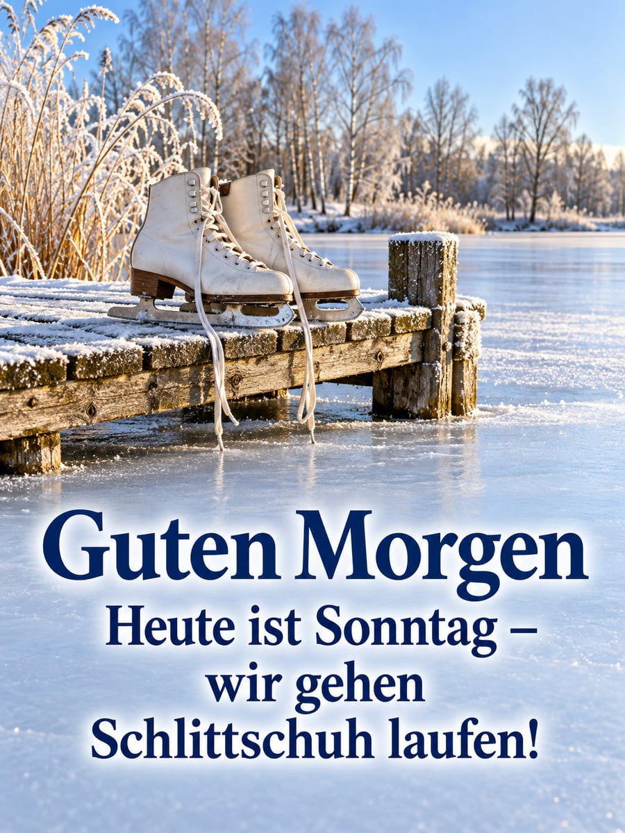 Guten-Morgen-Bild zum Sonntag mit dem Text „Guten Morgen“ und „Heute ist Sonntag – wir gehen Schlittschuh laufen!“ – Motiv: Schlittschuhe, Weiher, Eis, Steg, Winter