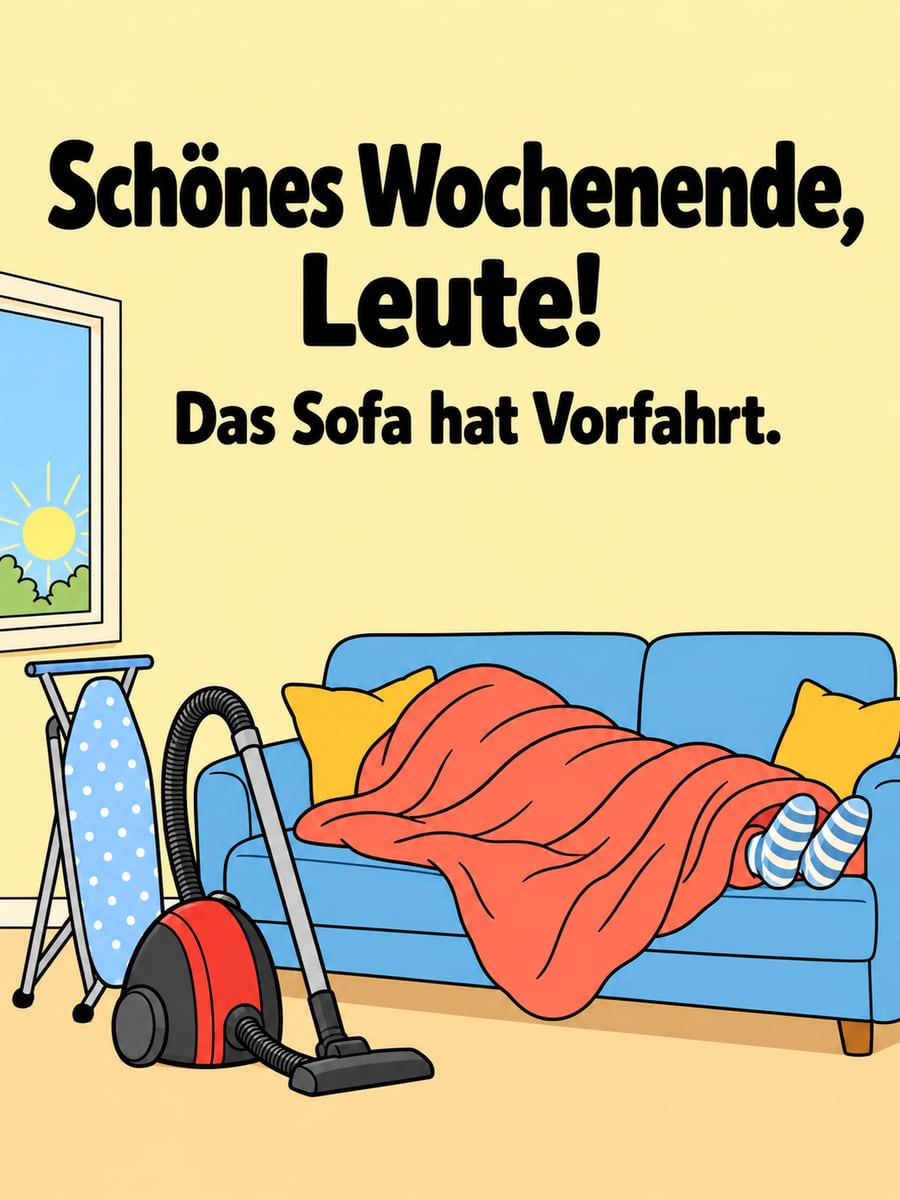 Guten-Morgen-Bild zum Sonntag mit dem Text „Schönes Wochenende, Leute!“ und „Das Sofa hat Vorfahrt.“ – Motiv: Sofa, Staubsauger, Bügelbrett, Wollsocken