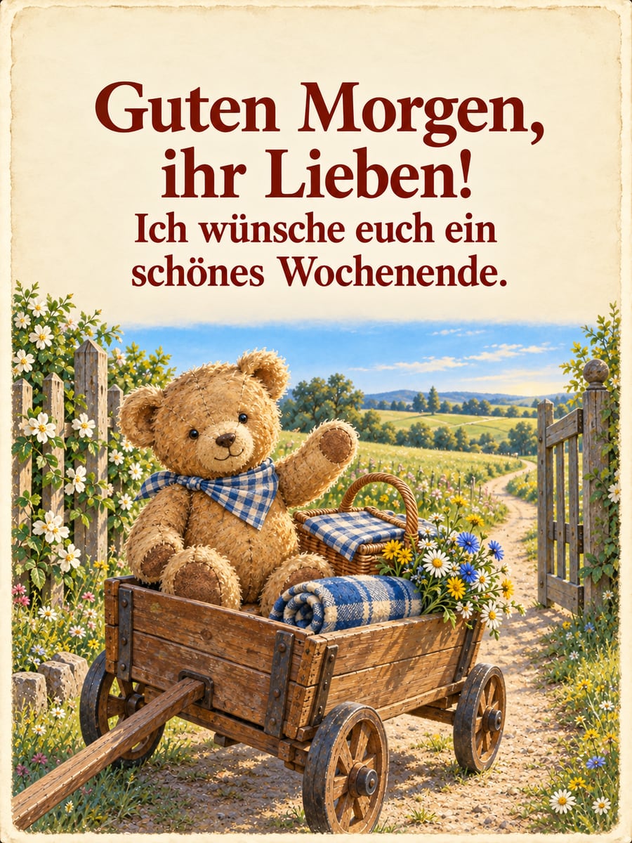 Guten-Morgen-Bild zum Sonntag mit dem Text „Guten Morgen, ihr Lieben!“ und „Ich wünsche euch ein schönes Wochenende.“ – Motiv: Teddybär, Bollerwagen, Picknickkorb, Ausflug
