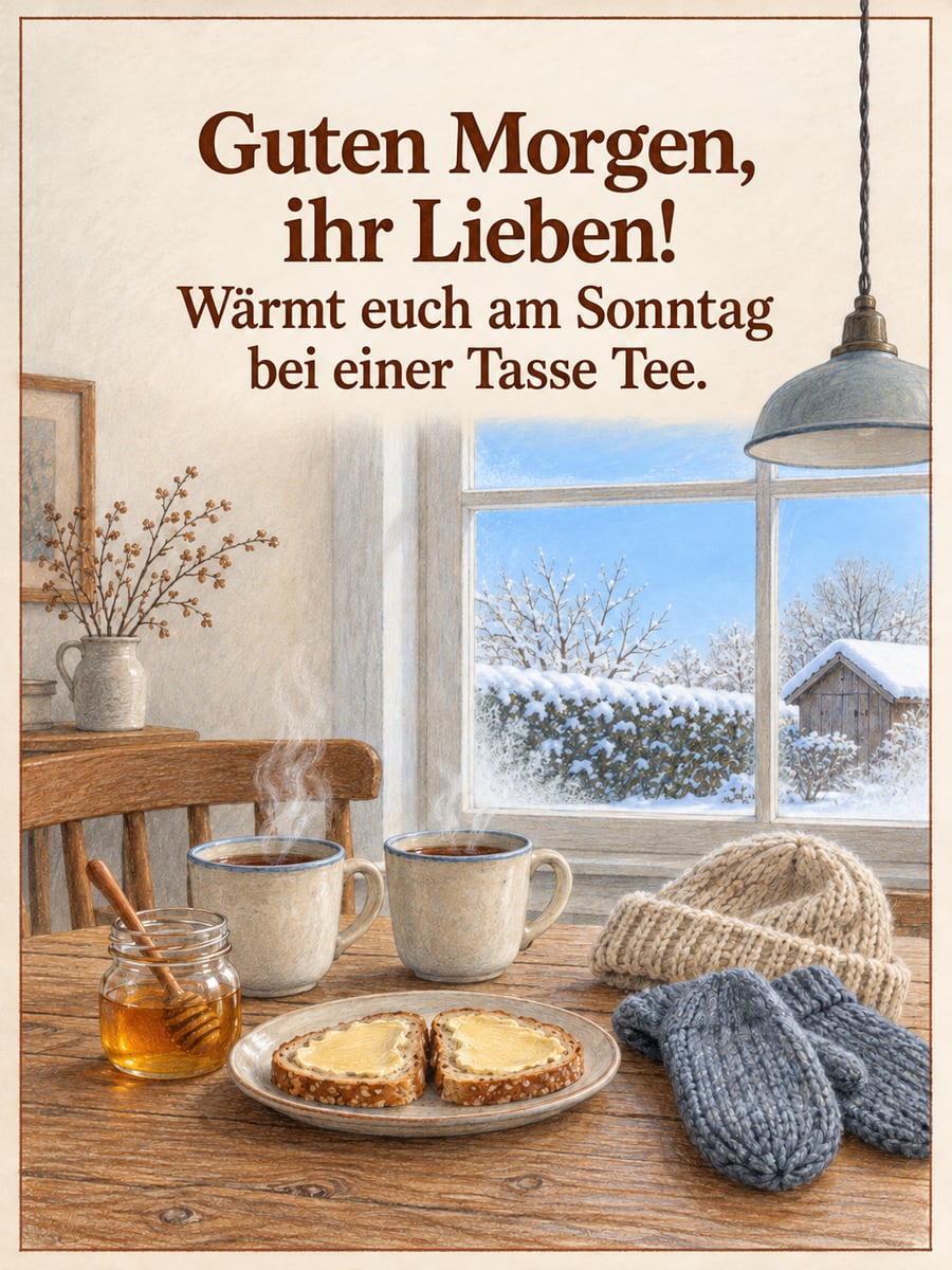 Guten-Morgen-Bild zum Sonntag mit dem Text „Guten Morgen, ihr Lieben!“ und „Wärmt euch am Sonntag bei einer Tasse Tee.“ – Motiv: Tee, Honigbrot, Fäustlinge, Küchenlampe, Winterspaziergang