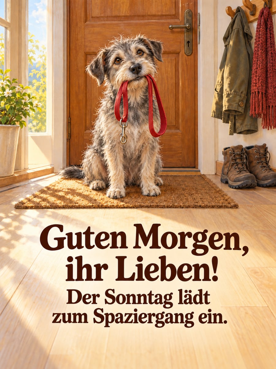 Guten-Morgen-Bild zum Sonntag mit dem Text „Guten Morgen, ihr Lieben!“ und „Der Sonntag lädt zum Spaziergang ein.“ – Motiv: Terrier, Hundeleine, Haustür, Spaziergang