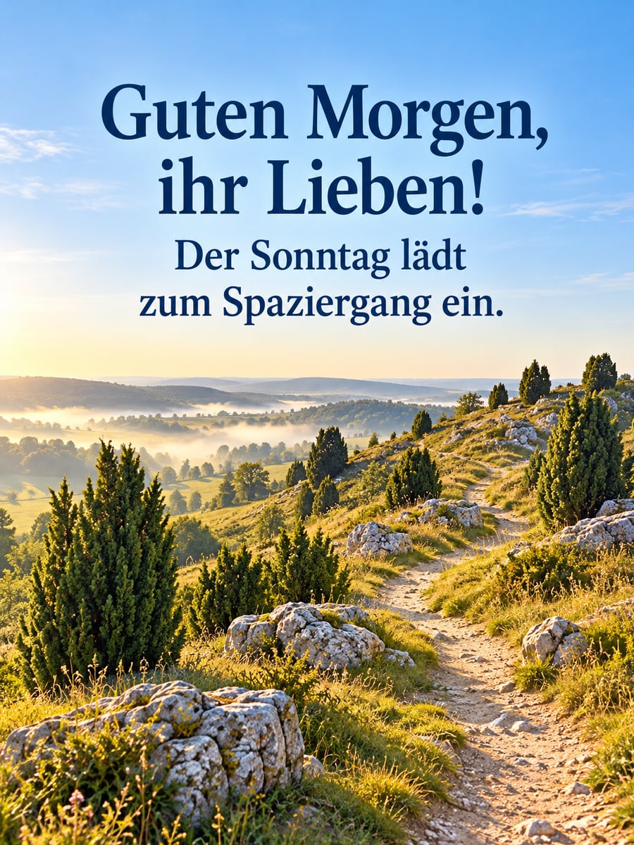 Guten-Morgen-Bild zum Sonntag mit dem Text „Guten Morgen, ihr Lieben!“ und „Der Sonntag lädt zum Spaziergang ein.“ – Motiv: Wacholderheide, Wanderweg, Morgennebel, Spaziergang