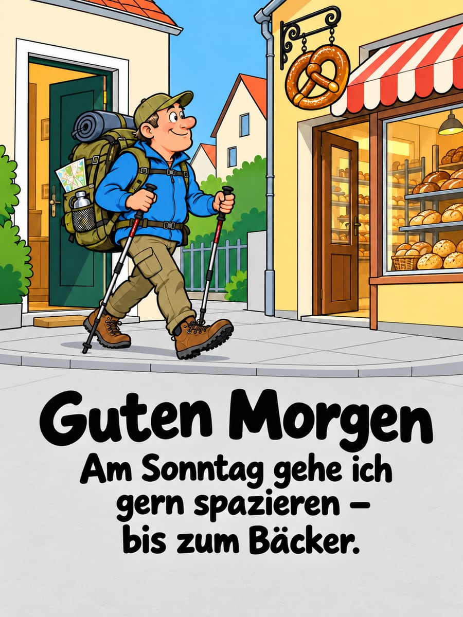 Guten-Morgen-Bild zum Sonntag mit dem Text „Guten Morgen“ und „Am Sonntag gehe ich gern spazieren – bis zum Bäcker.“ – Motiv: Bäckerei, Brötchen, Wanderausrüstung, Sonntagsspaziergang, Nachbarschaft