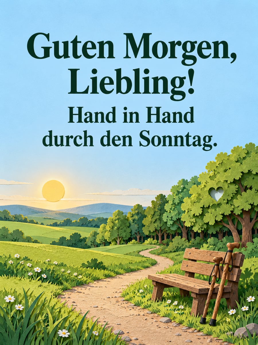 Guten-Morgen-Bild zum Sonntag mit dem Text „Guten Morgen, Liebling!“ und „Hand in Hand durch den Sonntag.“ – Motiv: Wanderstöcke, Waldrand, Bank, Spaziergang