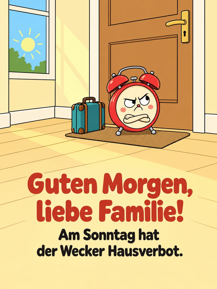 Guten-Morgen-Bild zum Sonntag mit dem Text „Guten Morgen, liebe Familie!“ und „Am Sonntag hat der Wecker Hausverbot.“ – Motiv: Wecker, Koffer, Flur, Fußmatte