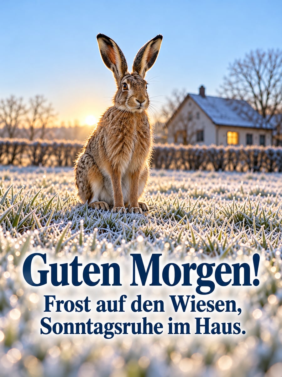 Guten-Morgen-Bild zum Sonntag mit dem Text „Guten Morgen!“ und „Frost auf den Wiesen, Sonntagsruhe im Haus.“ – Motiv: Feldhase, Raureif, Wiese, Bauernhaus