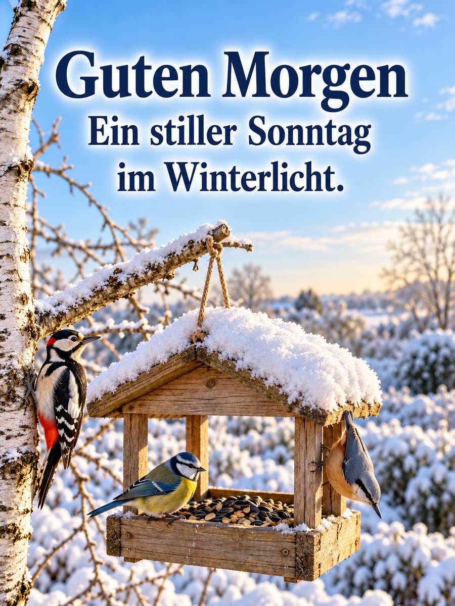 Guten-Morgen-Bild zum Sonntag mit dem Text „Guten Morgen“ und „Ein stiller Sonntag im Winterlicht.“ – Motiv: Vogelhaus, Kleiber, Blaumeise, Buntspecht