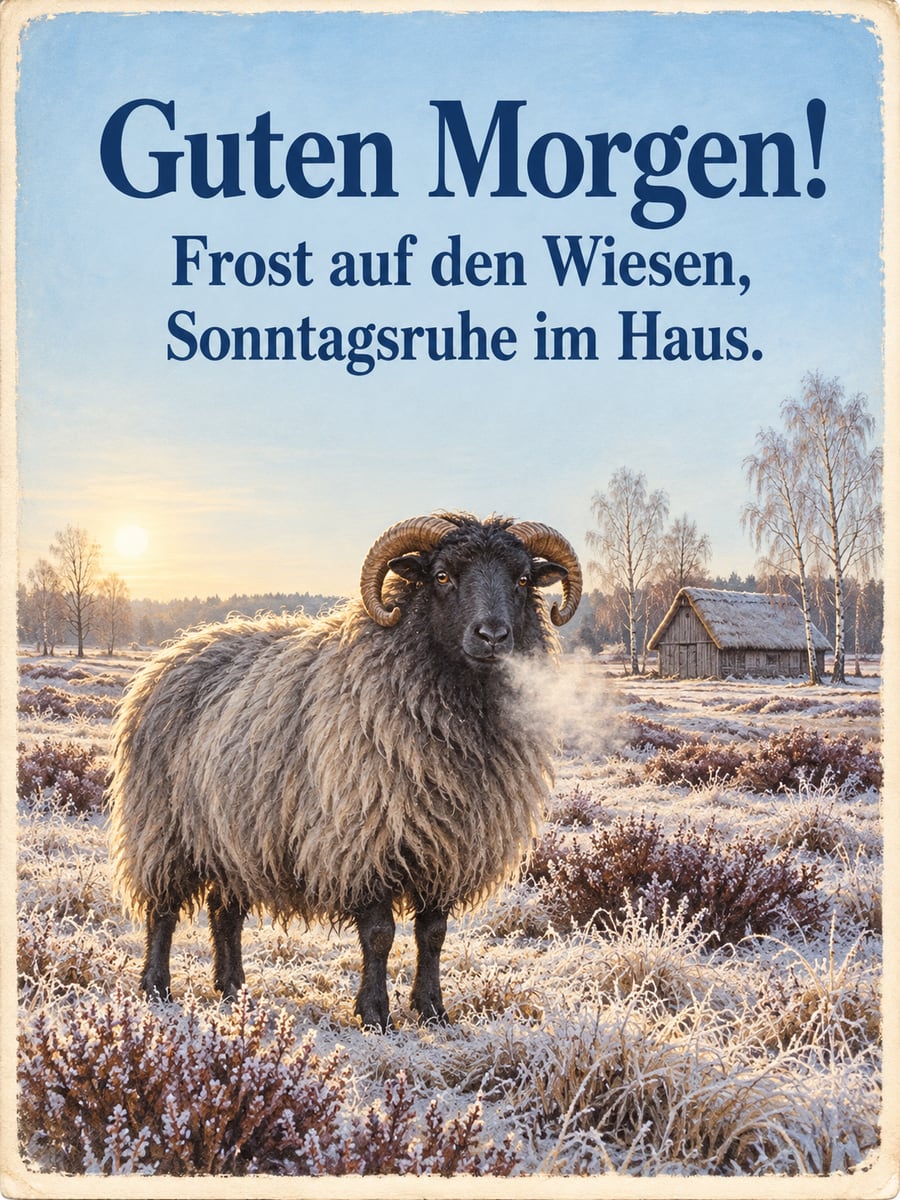 Guten-Morgen-Bild zum Sonntag mit dem Text „Guten Morgen!“ und „Frost auf den Wiesen, Sonntagsruhe im Haus.“ – Motiv: Heidschnucke, Heide, Raureif, Schafstall