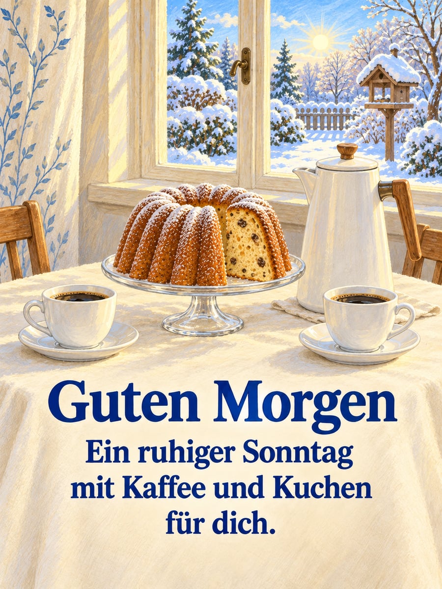 Guten-Morgen-Bild zum Sonntag mit dem Text „Guten Morgen“ und „Ein ruhiger Sonntag mit Kaffee und Kuchen für dich.“ – Motiv: Kaffee und Kuchen, Gugelhupf, Kaffeekanne, Schnee