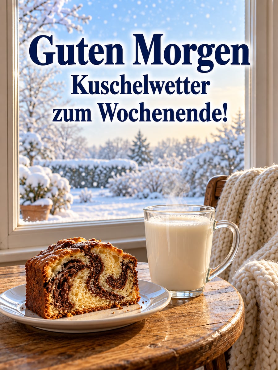 Guten-Morgen-Bild zum Sonntag mit dem Text „Guten Morgen“ und „Kuschelwetter zum Wochenende!“ – Motiv: Marmorkuchen, heiße Milch, Schneeflocken, Wolldecke