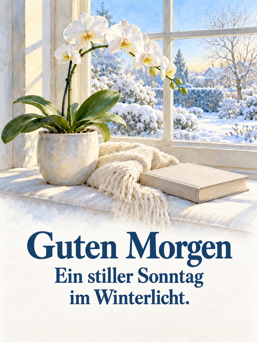 Guten-Morgen-Bild zum Sonntag mit dem Text „Guten Morgen“ und „Ein stiller Sonntag im Winterlicht.“ – Motiv: Orchidee, Wolldecke, Buch, Winterlicht