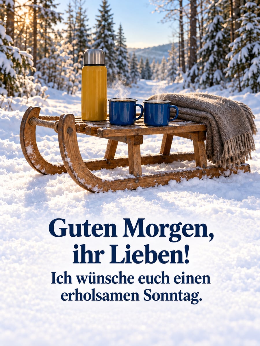Guten-Morgen-Bild zum Sonntag mit dem Text „Guten Morgen, ihr Lieben!“ und „Ich wünsche euch einen erholsamen Sonntag.“ – Motiv: Kaffee, Thermoskanne, Schlitten, Winterwald