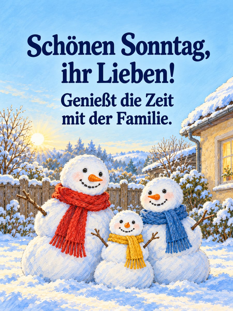Guten-Morgen-Bild zum Sonntag mit dem Text „Schönen Sonntag, ihr Lieben!“ und „Genießt die Zeit mit der Familie.“ – Motiv: Schneemann, Familie, Garten, Schnee