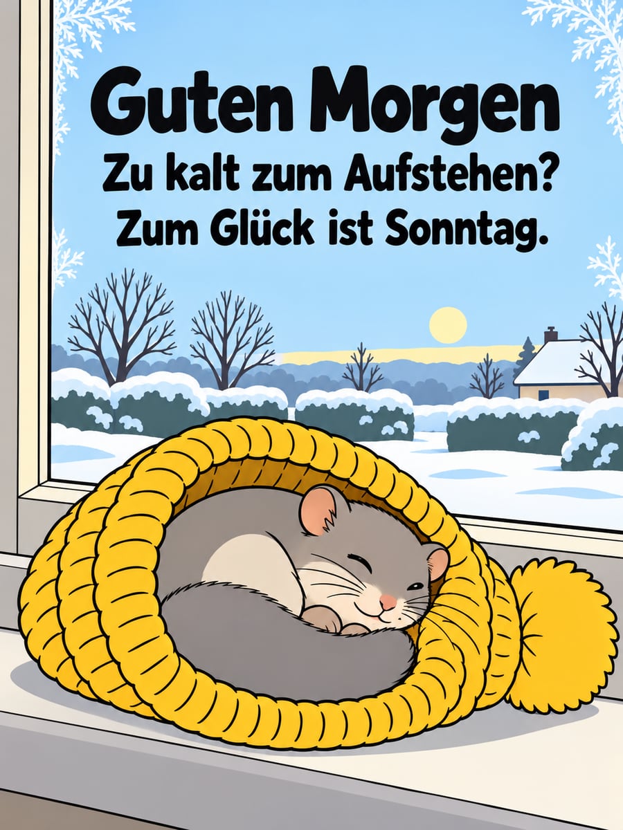 Guten-Morgen-Bild zum Sonntag mit dem Text „Guten Morgen“ und „Zu kalt zum Aufstehen? Zum Glück ist Sonntag.“ – Motiv: Siebenschläfer, Bommelmütze, Eisblumen, Ausschlafen