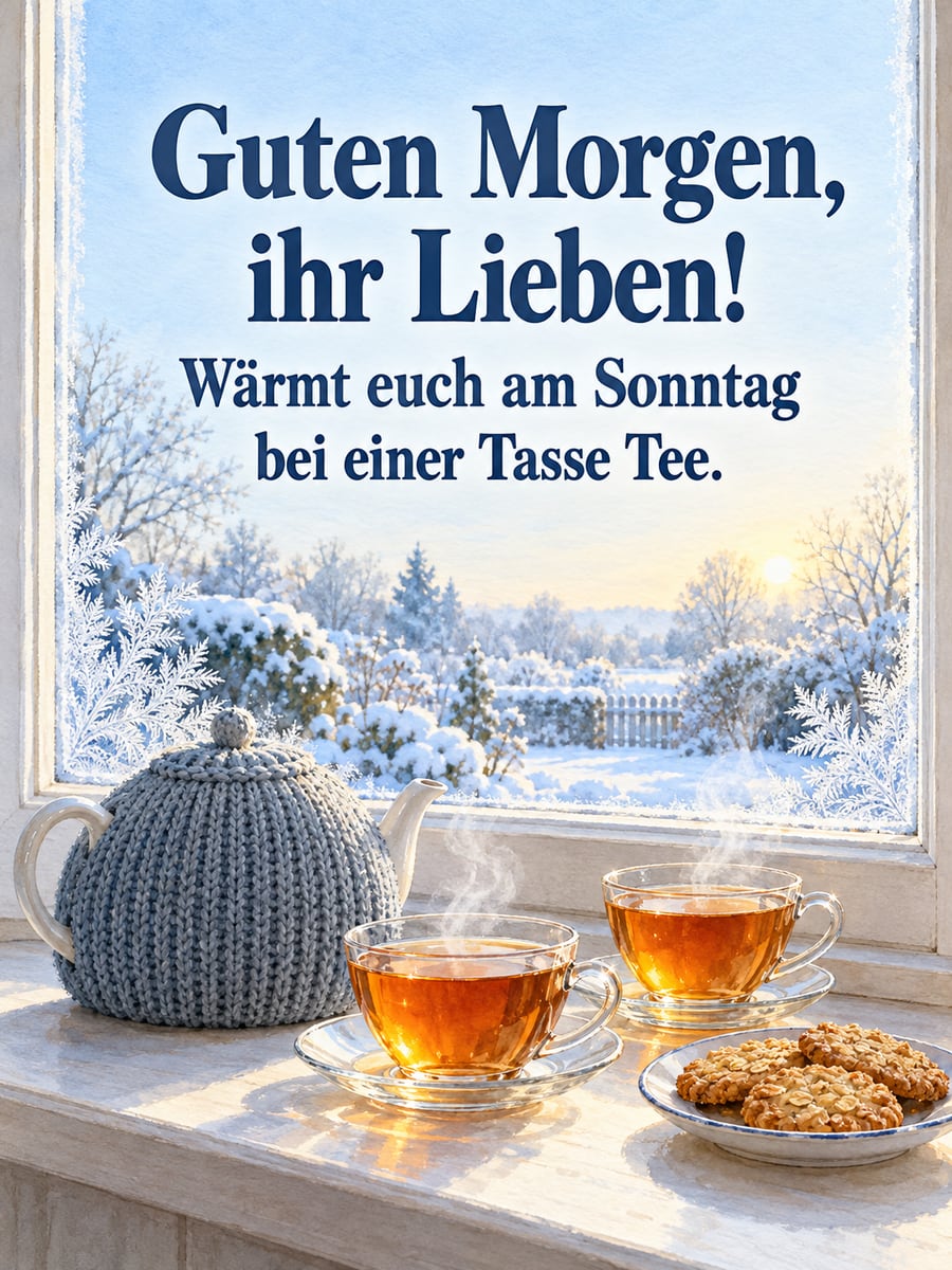 Guten-Morgen-Bild zum Sonntag mit dem Text „Guten Morgen, ihr Lieben!“ und „Wärmt euch am Sonntag bei einer Tasse Tee.“ – Motiv: Teekanne, Tee, Eisblumen, Haferkekse