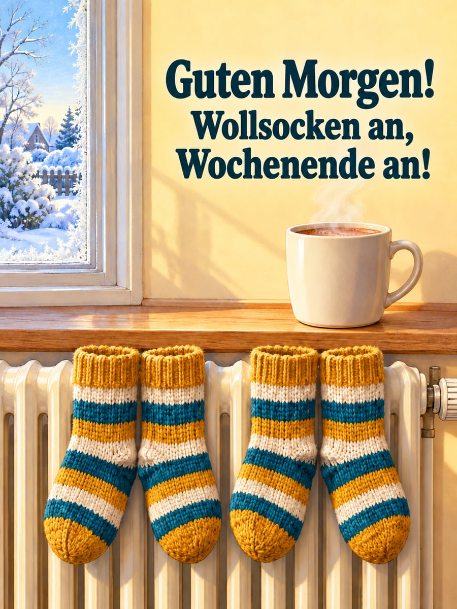 Guten-Morgen-Bild zum Sonntag mit dem Text „Guten Morgen!“ und „Wollsocken an, Wochenende an!“ – Motiv: Wollsocken, Heizkörper, Kakao, Winter