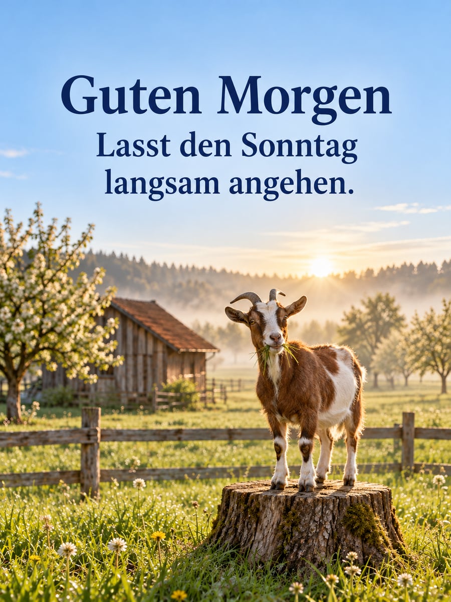 Guten-Morgen-Bild zum Sonntag mit dem Text „Guten Morgen“ und „Lasst den Sonntag langsam angehen.“ – Motiv: Ziege, Baumstumpf, Scheune, Morgennebel