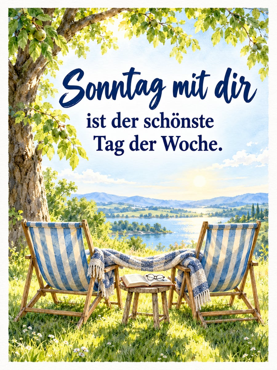 Guten-Morgen-Bild zum Sonntag mit dem Text „Sonntag mit dir ist der schönste Tag der Woche.“ – Motiv: Liegestühle, Walnussbaum, Decke, Garten