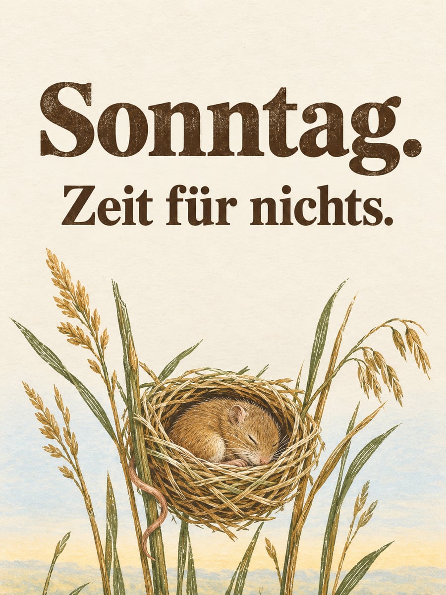 Guten-Morgen-Bild zum Sonntag mit dem Text „Sonntag.“ und „Zeit für nichts.“ – Motiv: Zwergmaus, Grasnest, Ruhe, Linolschnitt