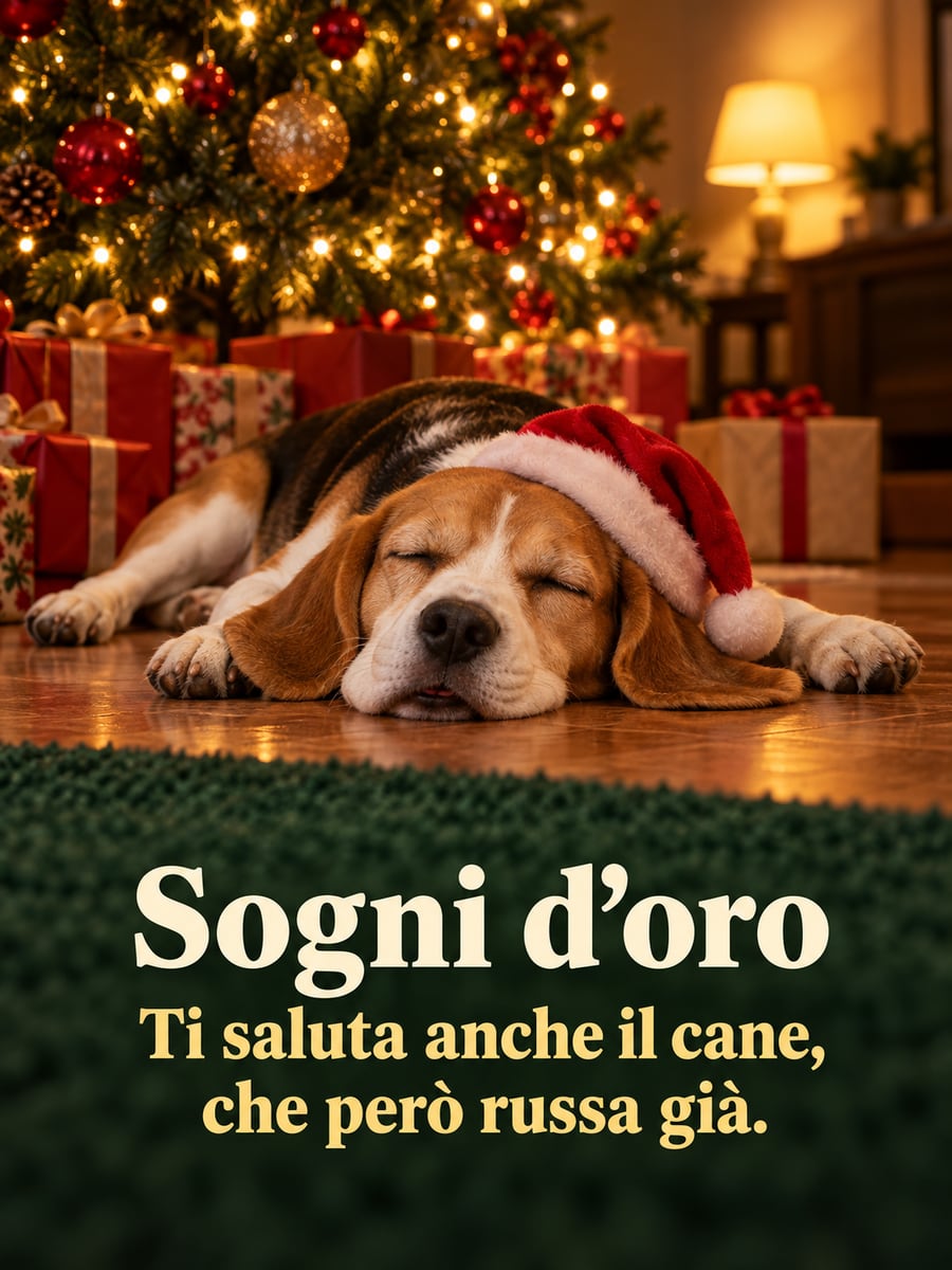 Immagine di buonanotte natalizia con la scritta «Sogni d’oro» e «Ti saluta anche il cane, che però russa già.» – beagle addormentato, cappellino natalizio, albero di Natale, regali