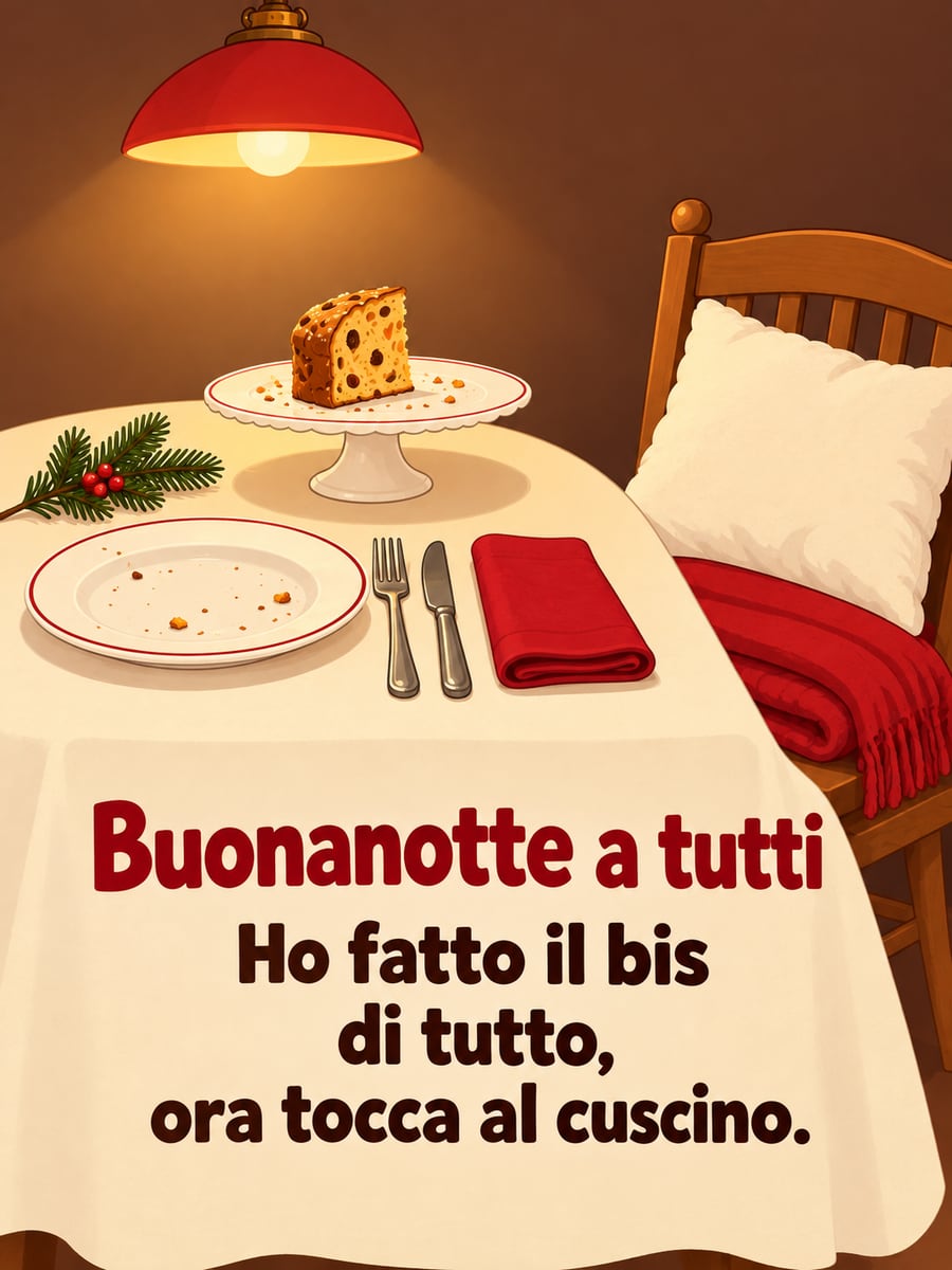 Immagine di buonanotte natalizia con la scritta «Buonanotte a tutti» e «Ho fatto il bis di tutto, ora tocca al cuscino.» – piatto vuoto con le briciole, fetta di panettone, cuscino sulla sedia, tovagliolo rosso
