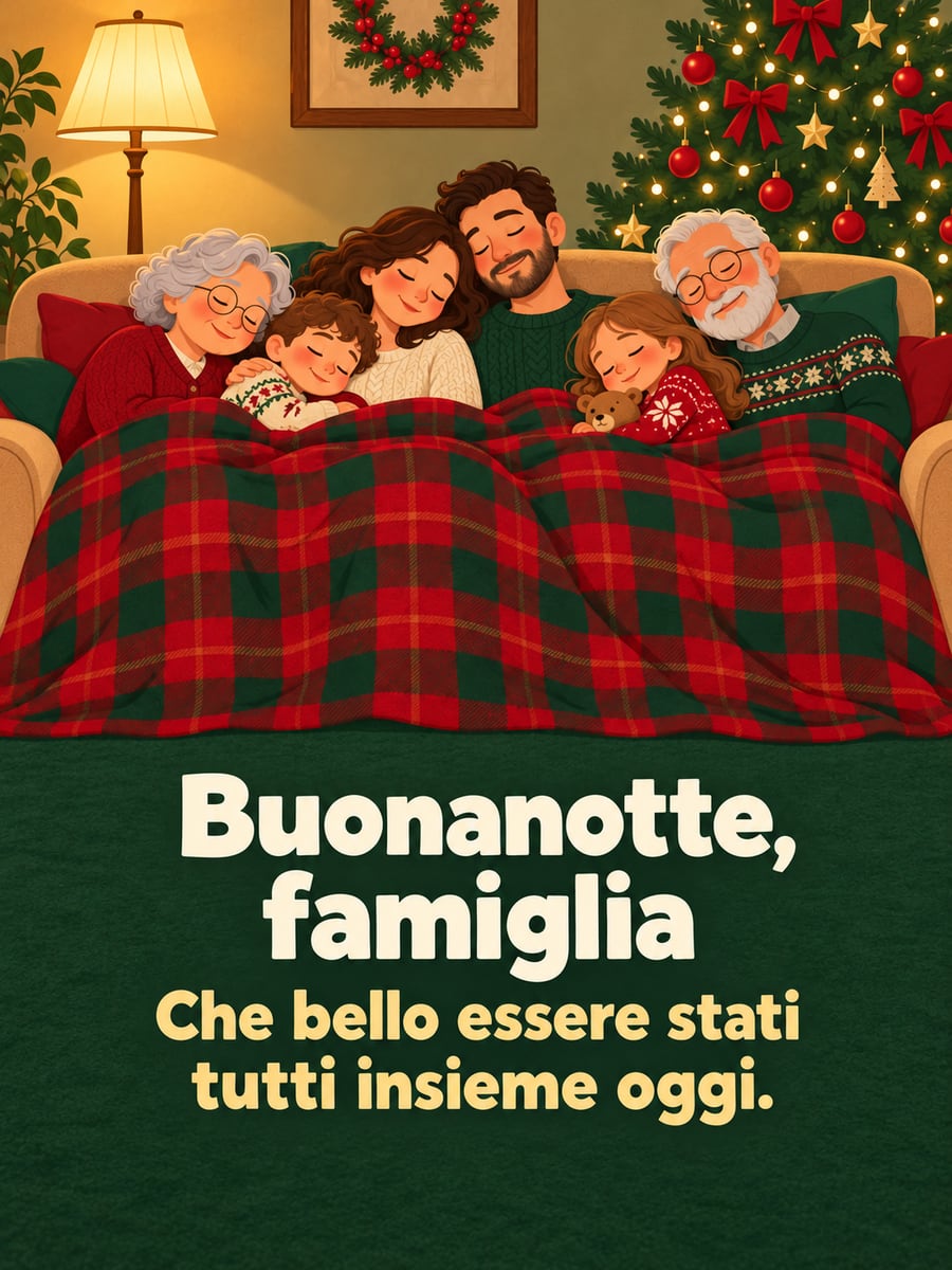 Immagine di buonanotte natalizia con la scritta «Buonanotte, famiglia» e «Che bello essere stati tutti insieme oggi.» – famiglia addormentata sul divano, nonni e nipotini, plaid scozzese, albero di Natale