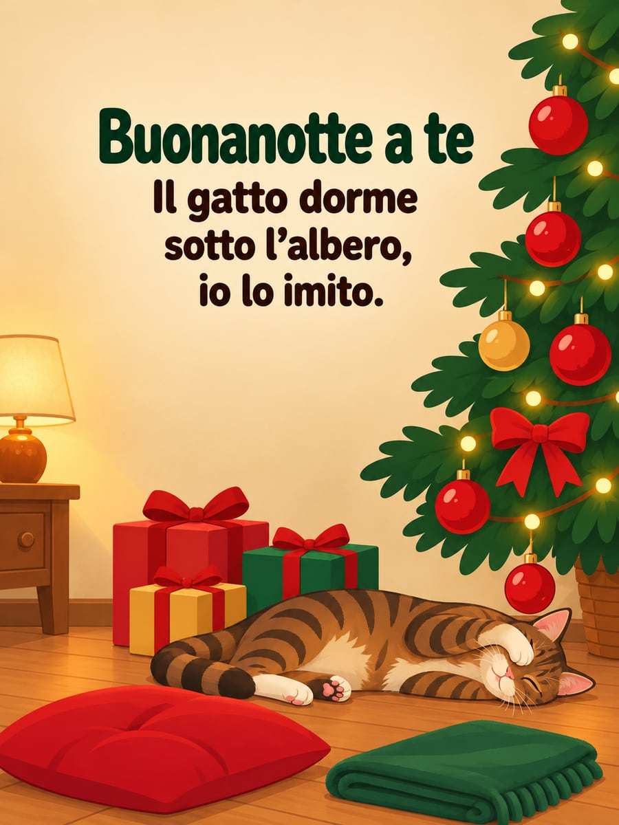 Immagine di buonanotte natalizia con la scritta «Buonanotte a te» e «Il gatto dorme sotto l’albero, io lo imito.» – gatto tigrato addormentato, albero di Natale, regali, cuscino vuoto