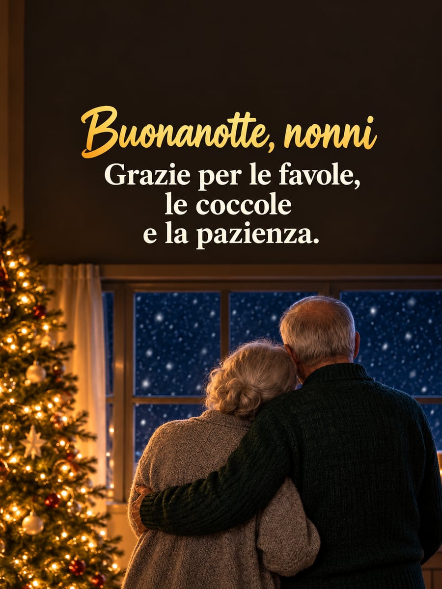 Immagine di buonanotte natalizia con la scritta «Buonanotte, nonni» e «Grazie per le favole, le coccole e la pazienza.» – coppia di anziani abbracciati di spalle, finestra con la neve, albero di Natale