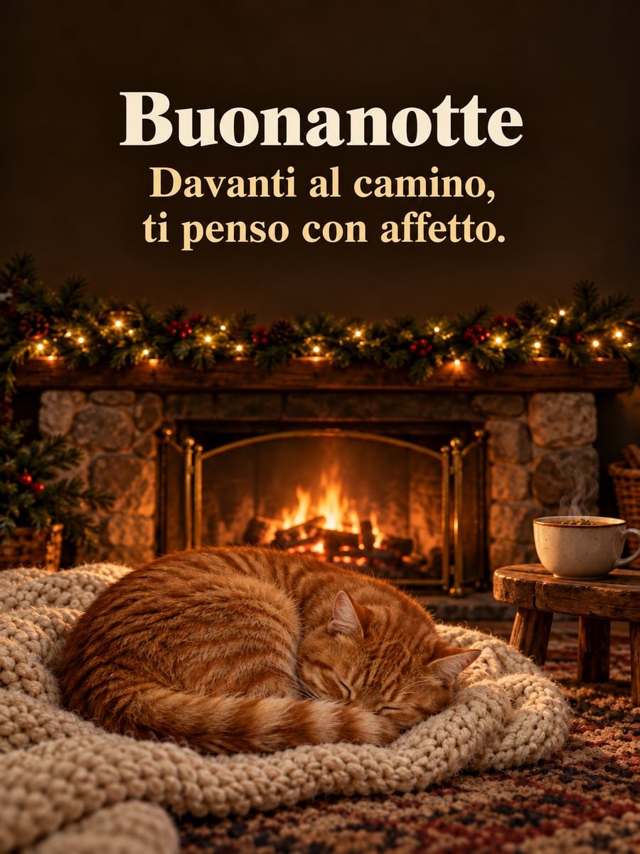 Immagine di buonanotte natalizia con la scritta «Buonanotte» e «Davanti al camino, ti penso con affetto.» – gatto rosso tigrato addormentato, coperta di lana, camino acceso, tisana