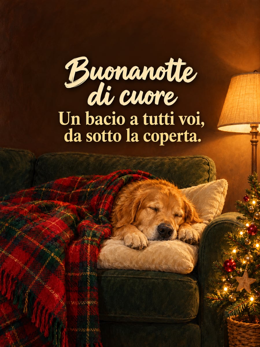 Immagine di buonanotte natalizia con la scritta «Buonanotte di cuore» e «Un bacio a tutti voi, da sotto la coperta.» – golden retriever addormentato, plaid scozzese, divano, albero di Natale