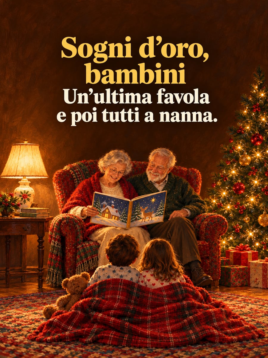 Immagine di buonanotte natalizia con la scritta «Sogni d’oro, bambini» e «Un’ultima favola e poi tutti a nanna.» – nonni che leggono una favola, bambini in pigiama, plaid scozzese, albero di Natale