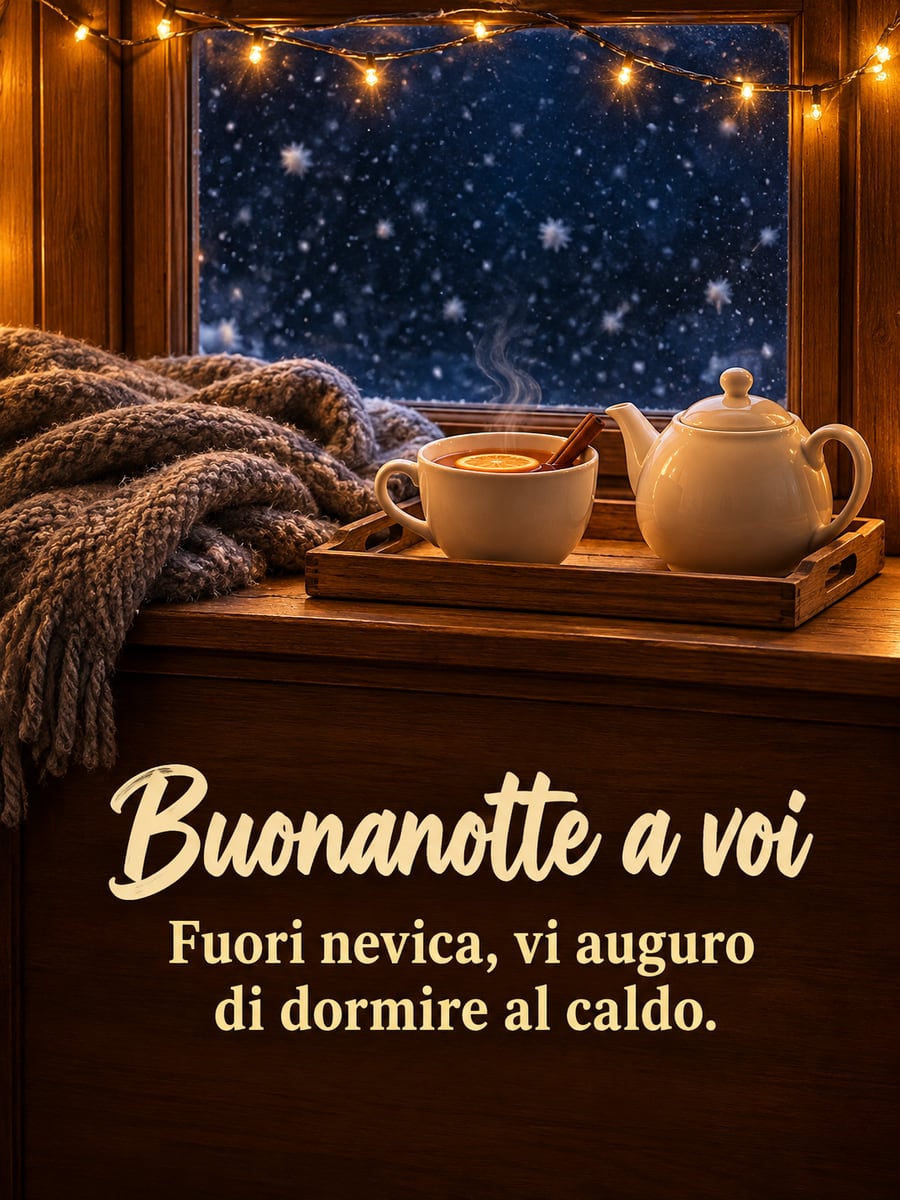 Immagine di buonanotte natalizia con la scritta «Buonanotte a voi» e «Fuori nevica, vi auguro di dormire al caldo.» – tisana con arancia e cannella, teiera, plaid di lana, finestra con la neve