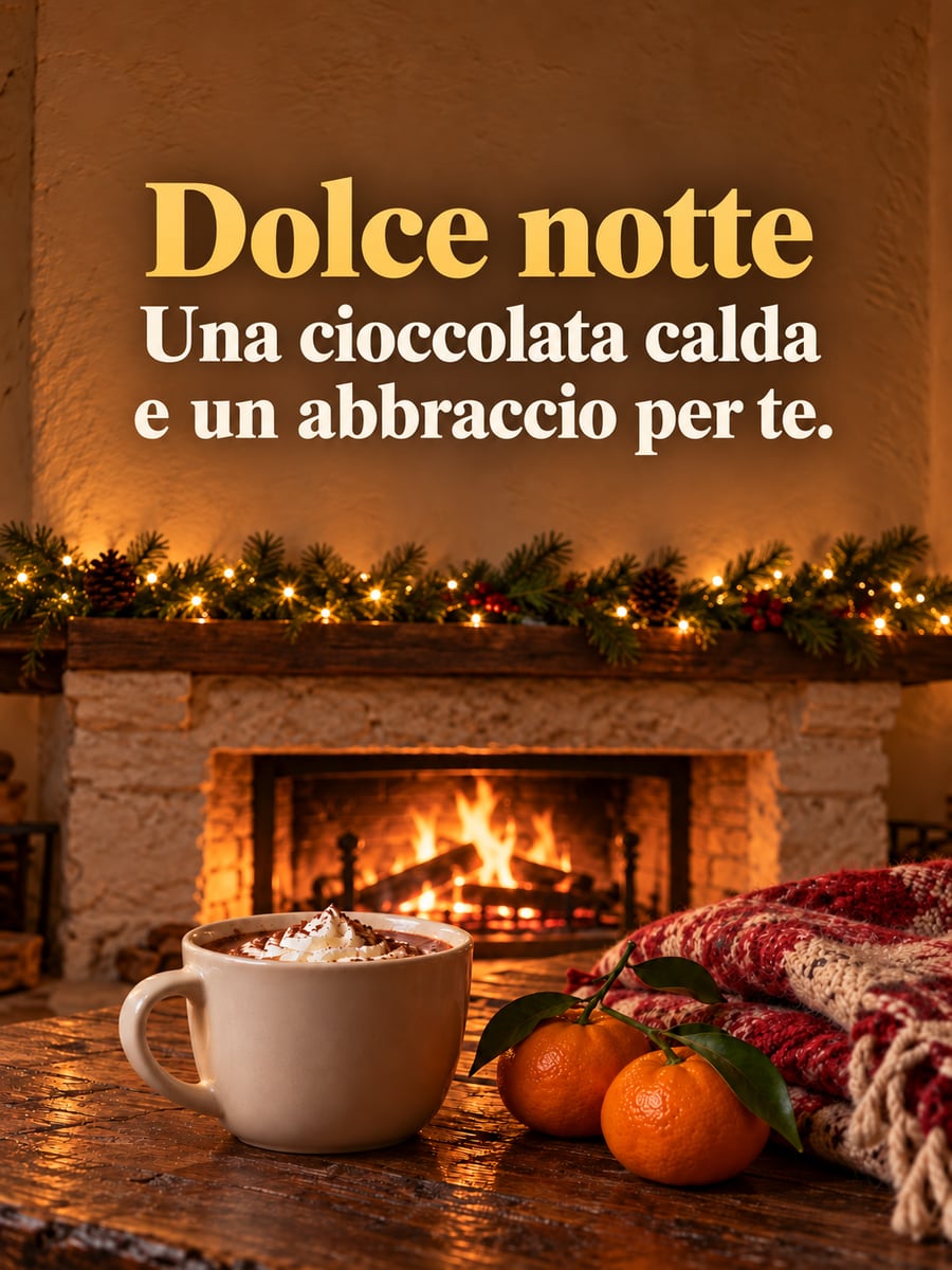 Immagine di buonanotte natalizia con la scritta «Dolce notte» e «Una cioccolata calda e un abbraccio per te.» – cioccolata calda con panna, mandarini, camino acceso, plaid rosso
