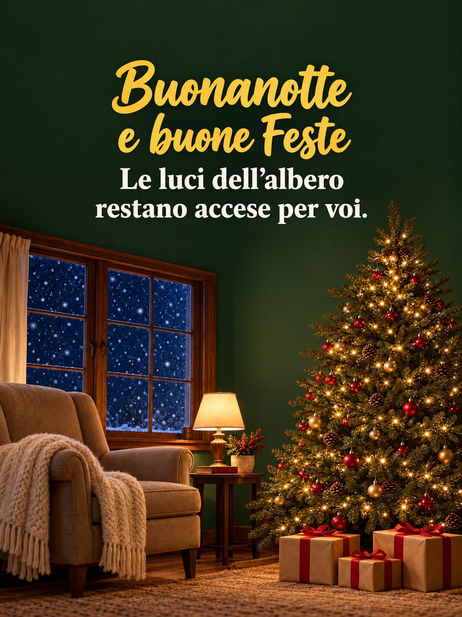 Immagine di buonanotte natalizia con la scritta «Buonanotte e buone Feste» e «Le luci dell’albero restano accese per voi.» – albero di Natale illuminato, finestra con la neve, poltrona con il plaid, regali