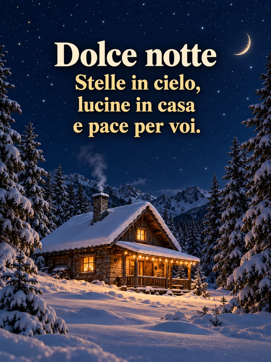 Immagine di buonanotte natalizia con la scritta «Dolce notte» e «Stelle in cielo, lucine in casa e pace per voi.» – baita di montagna, lucine sul portico, abeti innevati, cielo stellato