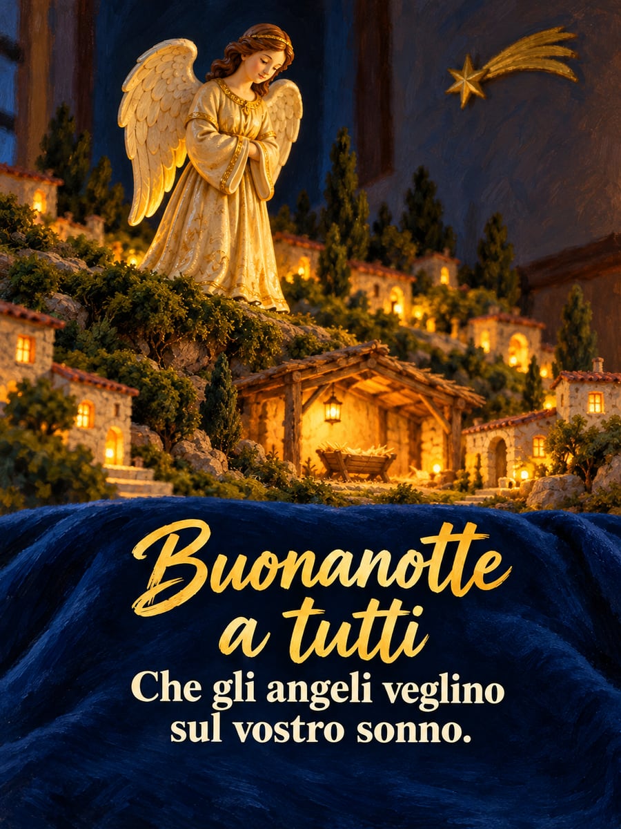 Immagine di buonanotte natalizia con la scritta «Buonanotte a tutti» e «Che gli angeli veglino sul vostro sonno.» – angelo di ceramica, capanna, mangiatoia vuota, cometa