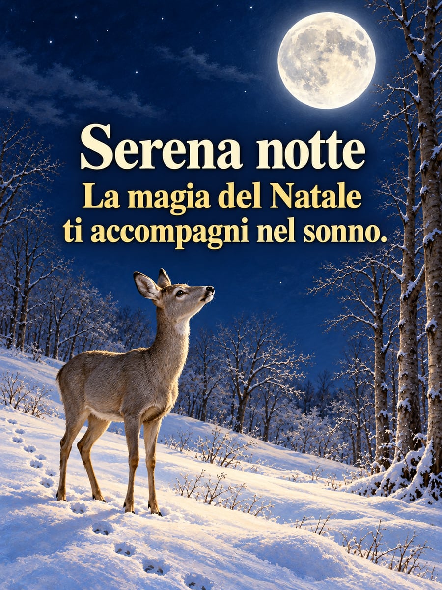 Immagine di buonanotte natalizia con la scritta «Serena notte» e «La magia del Natale ti accompagni nel sonno.» – capriolo, bosco innevato, luna piena, impronte sulla neve