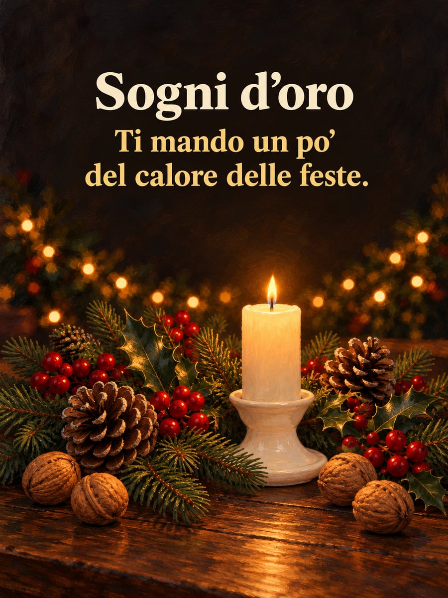 Immagine di buonanotte natalizia con la scritta «Sogni d’oro» e «Ti mando un po’ del calore delle feste.» – candela in un candeliere di ceramica, rami di pino, agrifoglio, noci