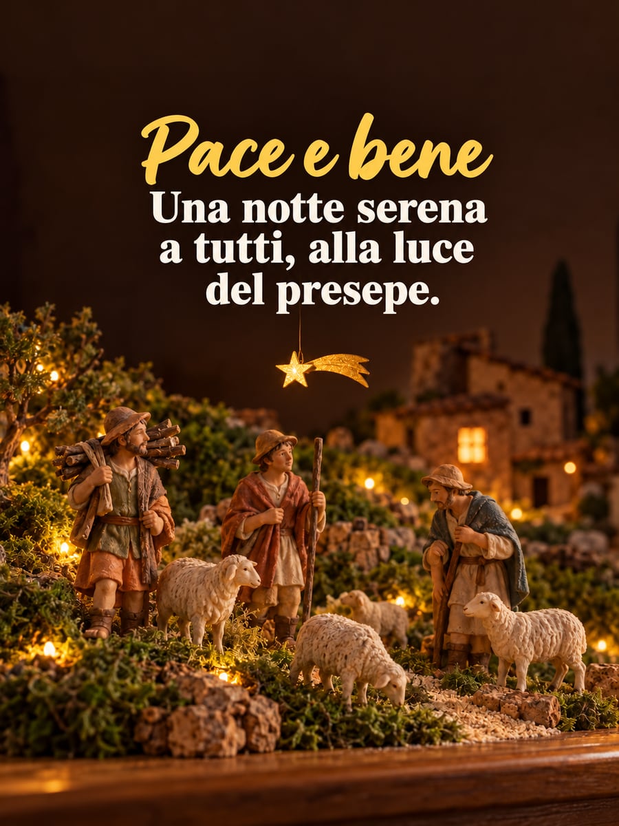 Immagine di buonanotte natalizia con la scritta «Pace e bene» e «Una notte serena a tutti, alla luce del presepe.» – statuine dei pastori, pecorelle, muschio, casetta illuminata
