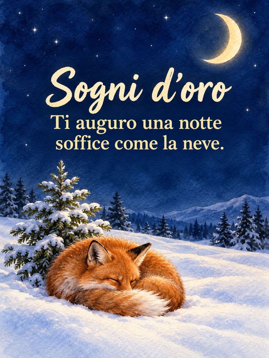 Immagine di buonanotte natalizia con la scritta «Sogni d’oro» e «Ti auguro una notte soffice come la neve.» – volpe rossa addormentata, abete innevato, luna crescente