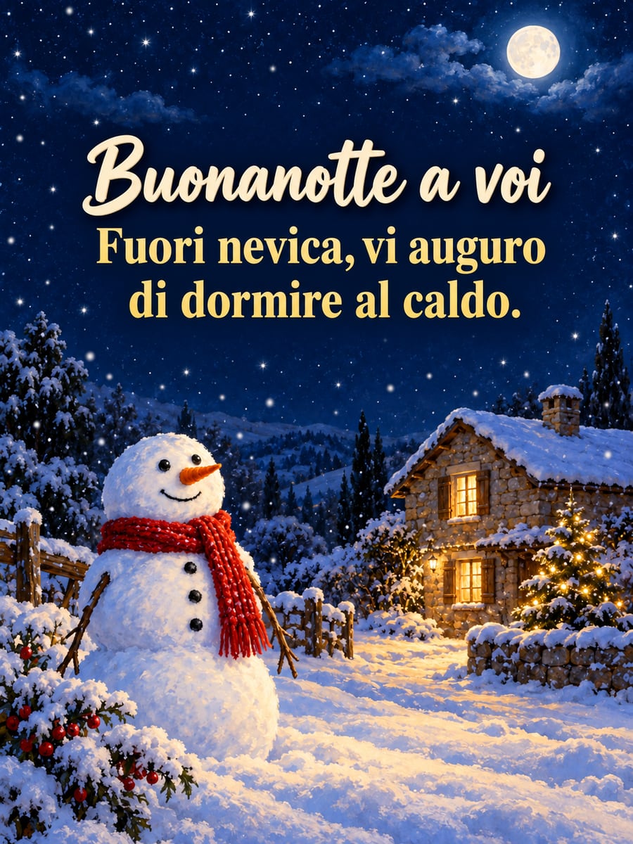 Immagine di buonanotte natalizia con la scritta «Buonanotte a voi» e «Fuori nevica, vi auguro di dormire al caldo.» – pupazzo di neve con la sciarpa rossa, casale di pietra illuminato, luna piena, neve