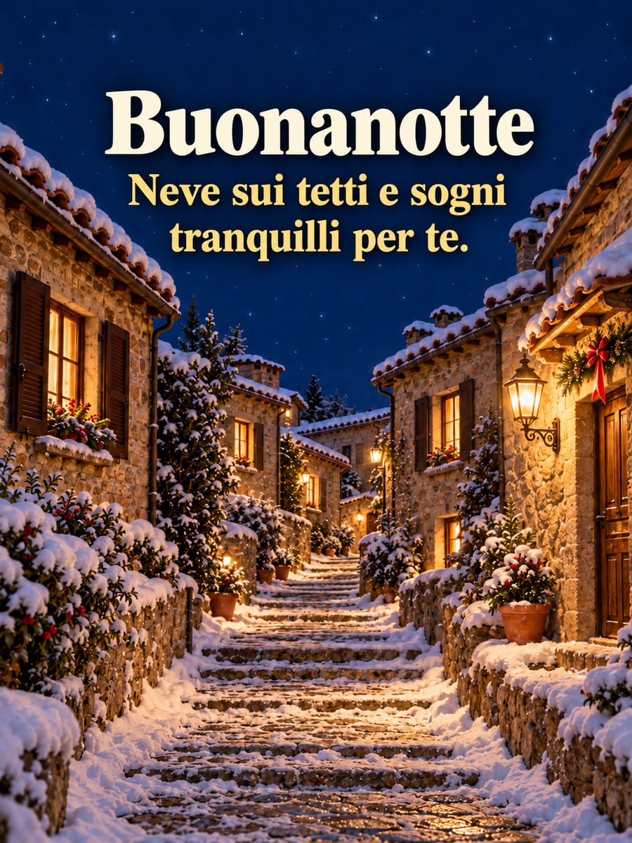 Immagine di buonanotte natalizia con la scritta «Buonanotte» e «Neve sui tetti e sogni tranquilli per te.» – vicolo a gradini innevato, case di pietra, finestre illuminate, lanterna