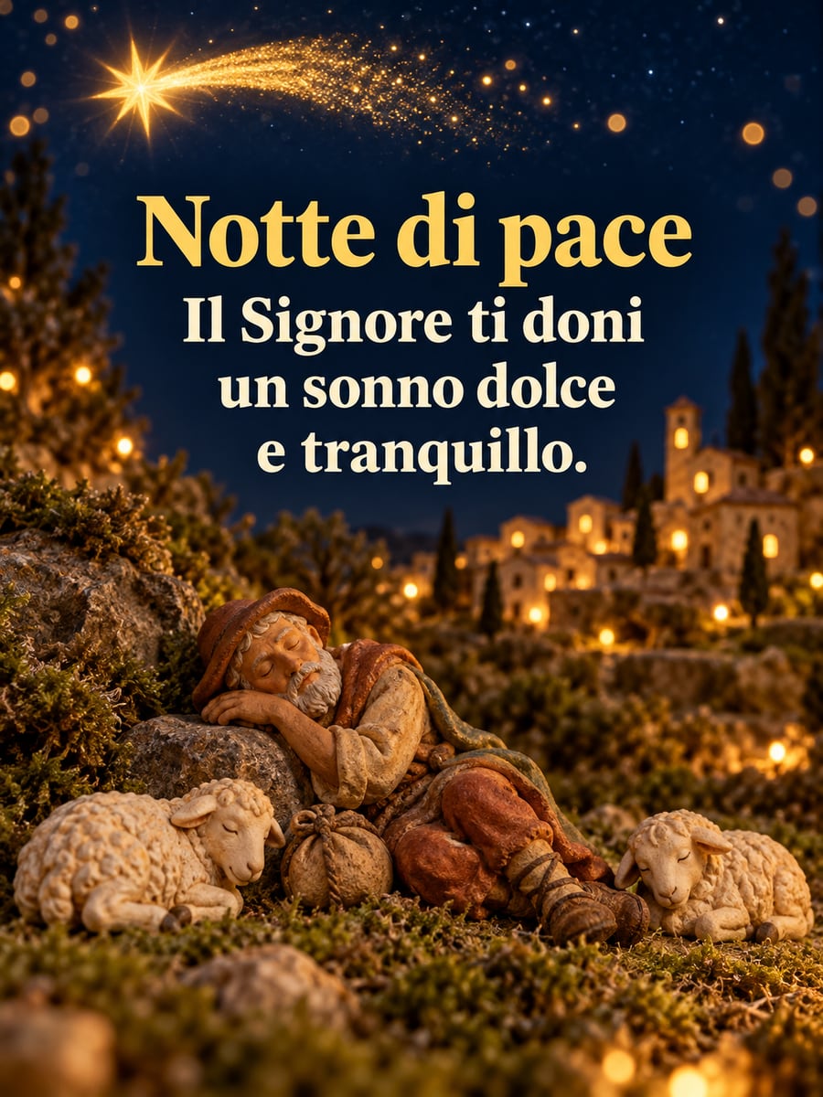 Immagine di buonanotte natalizia con la scritta «Notte di pace» e «Il Signore ti doni un sonno dolce e tranquillo.» – statuina del pastore addormentato, pecorelle, muschio, cometa