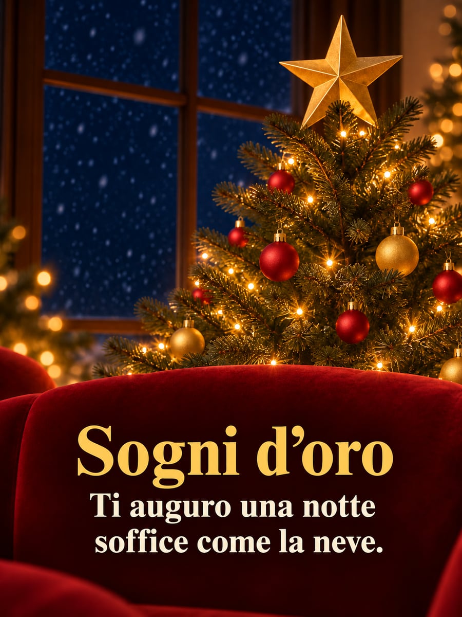 Immagine di buonanotte natalizia con la scritta «Sogni d’oro» e «Ti auguro una notte soffice come la neve.» – puntale a stella dorata, albero di Natale illuminato, finestra con la neve, poltrona di velluto rosso